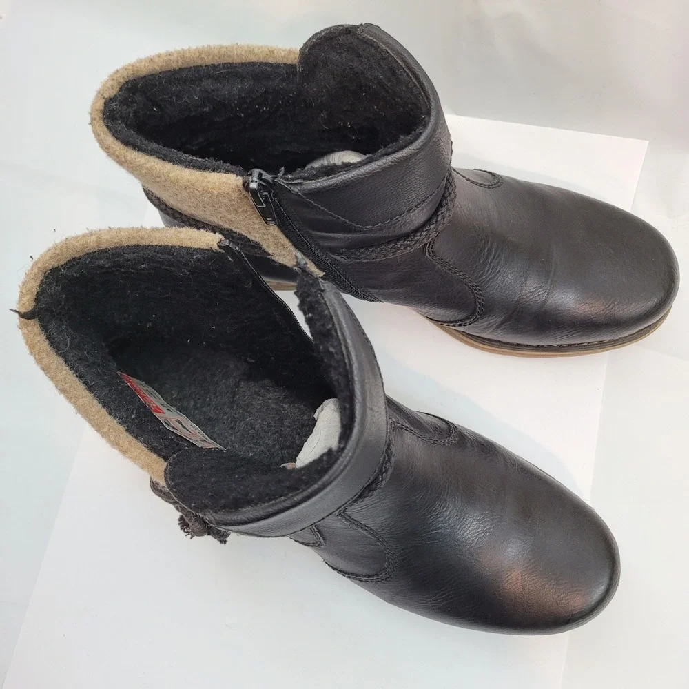 Rieker Ankle Boots Womens 9.5 Black Leather Wool Trim Side Zip 79693-00